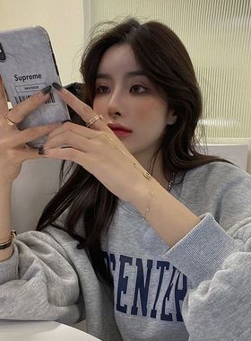 灰色字母卫衣女宽松韩系休闲圆领套头外套中长款套头衫显瘦版型女