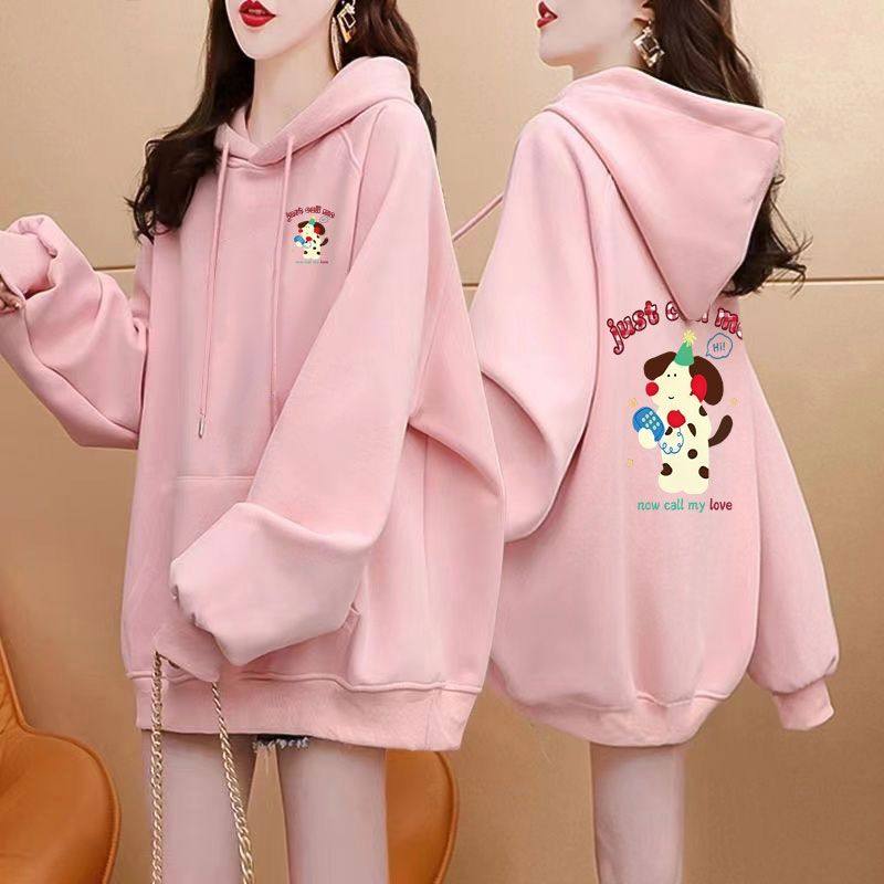 爆款春秋款有型设计感宽松慵懒风卡通图案休闲简约百搭连帽卫衣女