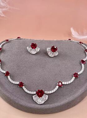 高珠系列22ct培育红宝石套装红色爱心颈链锁骨链11ct耳钉宴会约会
