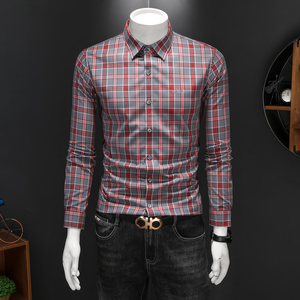 2026年男春秋季新款格子长袖衬衫时尚潮牌修身印花衬衣A9266P130，男装衬衫，电商D220
