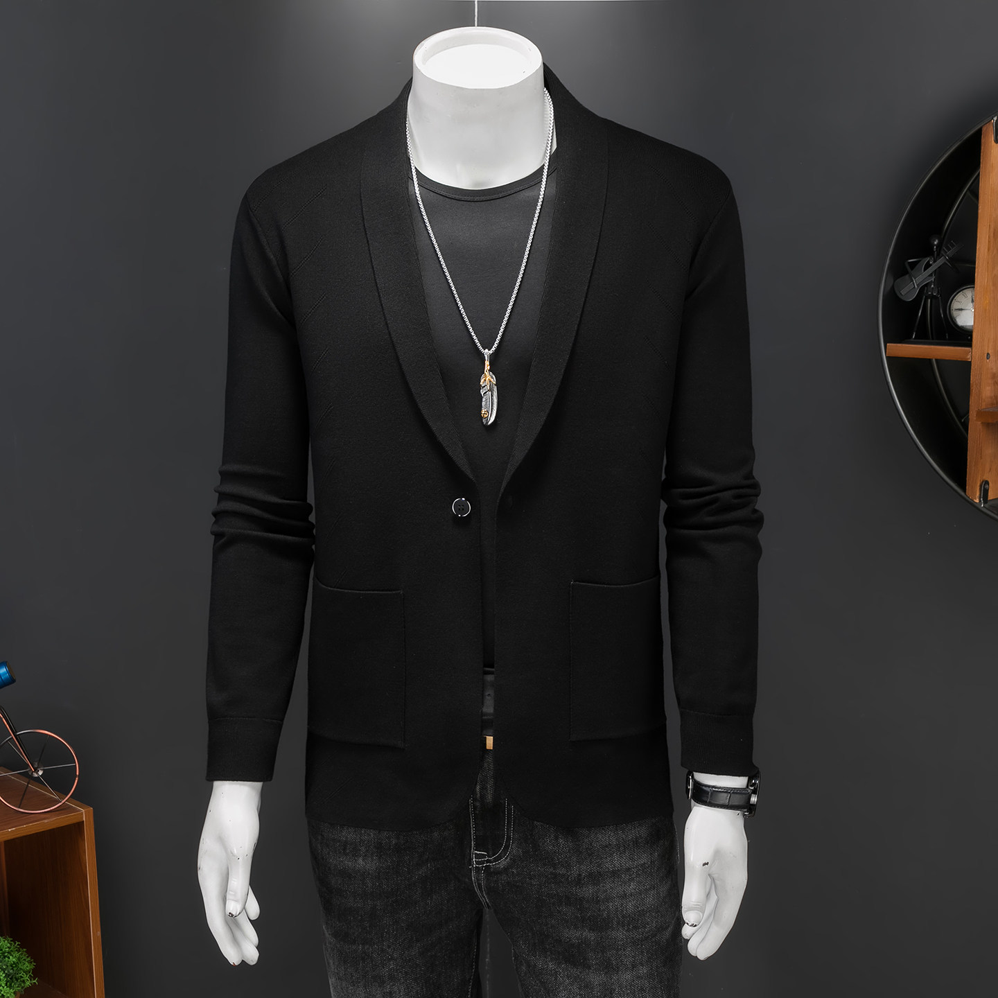 针织羊毛外套男士秋冬新款韩版修身潮流时尚翻领毛衣开衫K08P155，男装针织衫/毛衣，电商D220