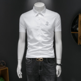 2026男潮流新款修身莫代尔暗花纹印花衬衣青年短袖衬衫H3356P120，男装T恤，电商D220