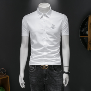 2026男潮流新款修身莫代尔暗花纹印花衬衣青年短袖衬衫H3356P120，男装T恤，电商D220