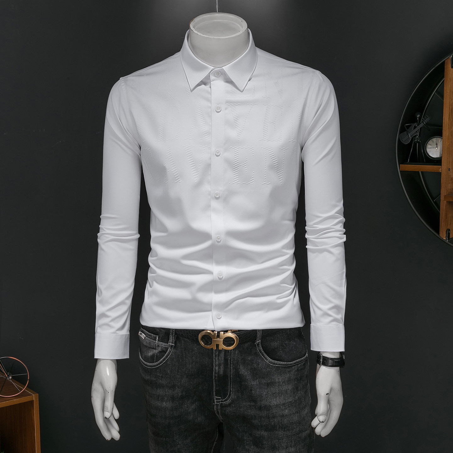 2026年男春秋季新款黑色长袖衬衫时尚潮牌修身印花衬衣A9221P130，男装衬衫，电商D220