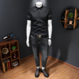 2026男潮流新款修身莫代尔暗花纹印花衬衣青年短袖衬衫H3363P120，男装T恤，电商D220