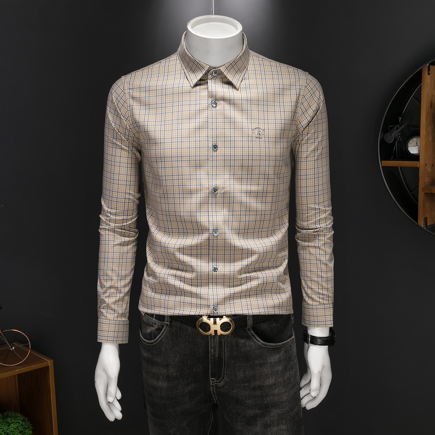 2026年男春秋季新款格子长袖衬衫时尚潮牌修身印花衬衣A9133P130，男装衬衫，电商D220