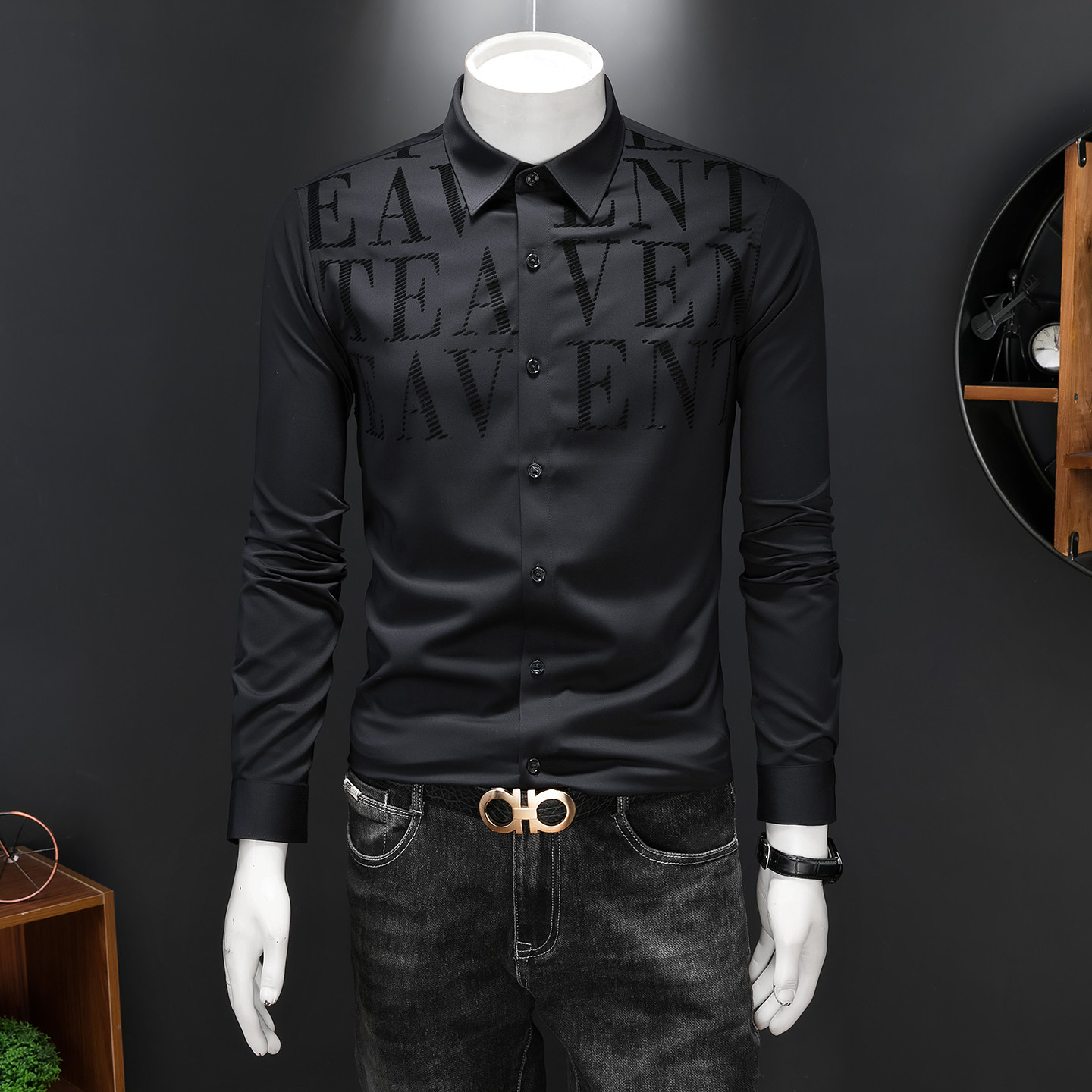 2026年男春秋季新款黑色长袖衬衫时尚潮牌修身印花衬衣A9221P130，男装衬衫，电商D220
