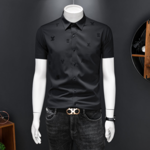 2026男潮流新款修身莫代尔暗花纹印花衬衣青年短袖衬衫H3355P120，男装T恤，电商D220