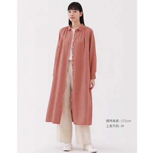 女装 宽松大码 中长款 休闲百搭翻领棉麻长袖 裙 2025秋季 纯色衬衫 新款