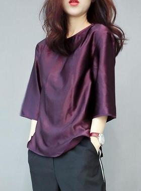 欧货2025春夏新款时尚醋酸缎面上衣女紫色圆领百搭宽松T恤打底衫
