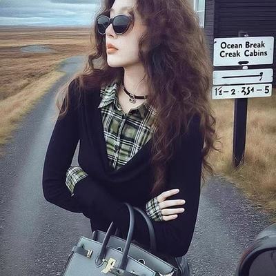 轻熟韩系小众黑色假两件格纹拼接针织衫女洋气高级感设计感上衣