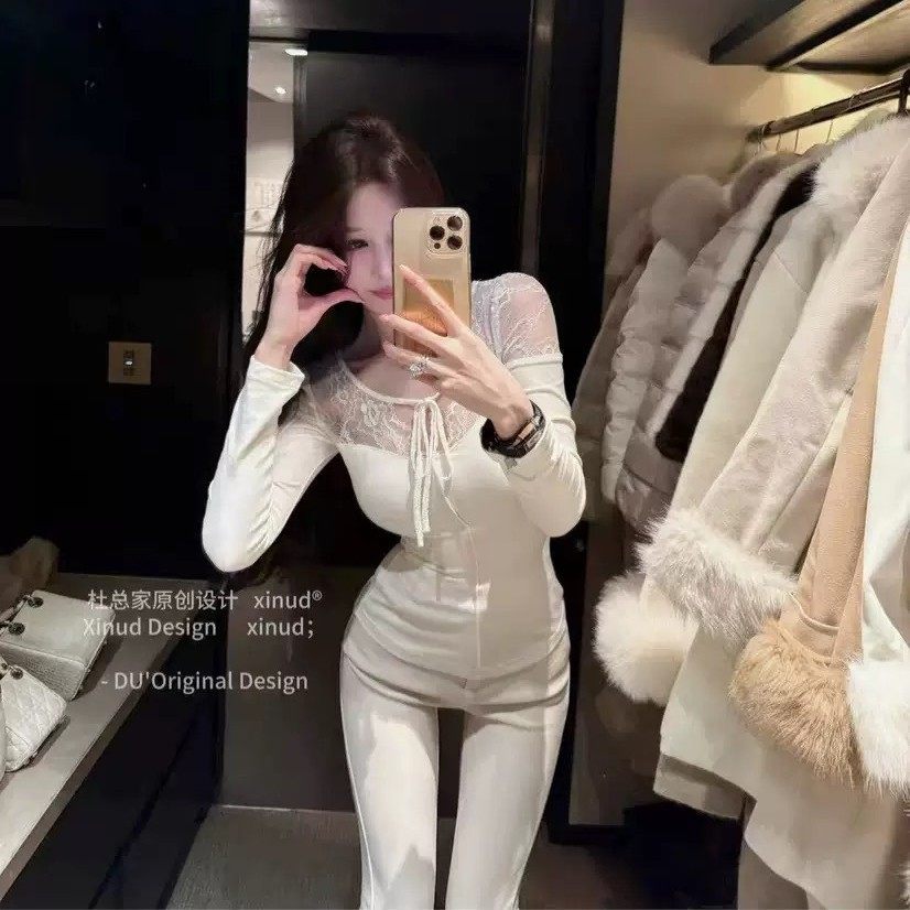 纯欲风系带新款v领长袖T恤女蕾丝拼接修身显瘦一体式带胸垫,女士内衣/男士内衣/家居服,吊带/背心/T恤/打底/肌底衣,淘宝优惠券,粉丝福利购,淘宝优惠卷