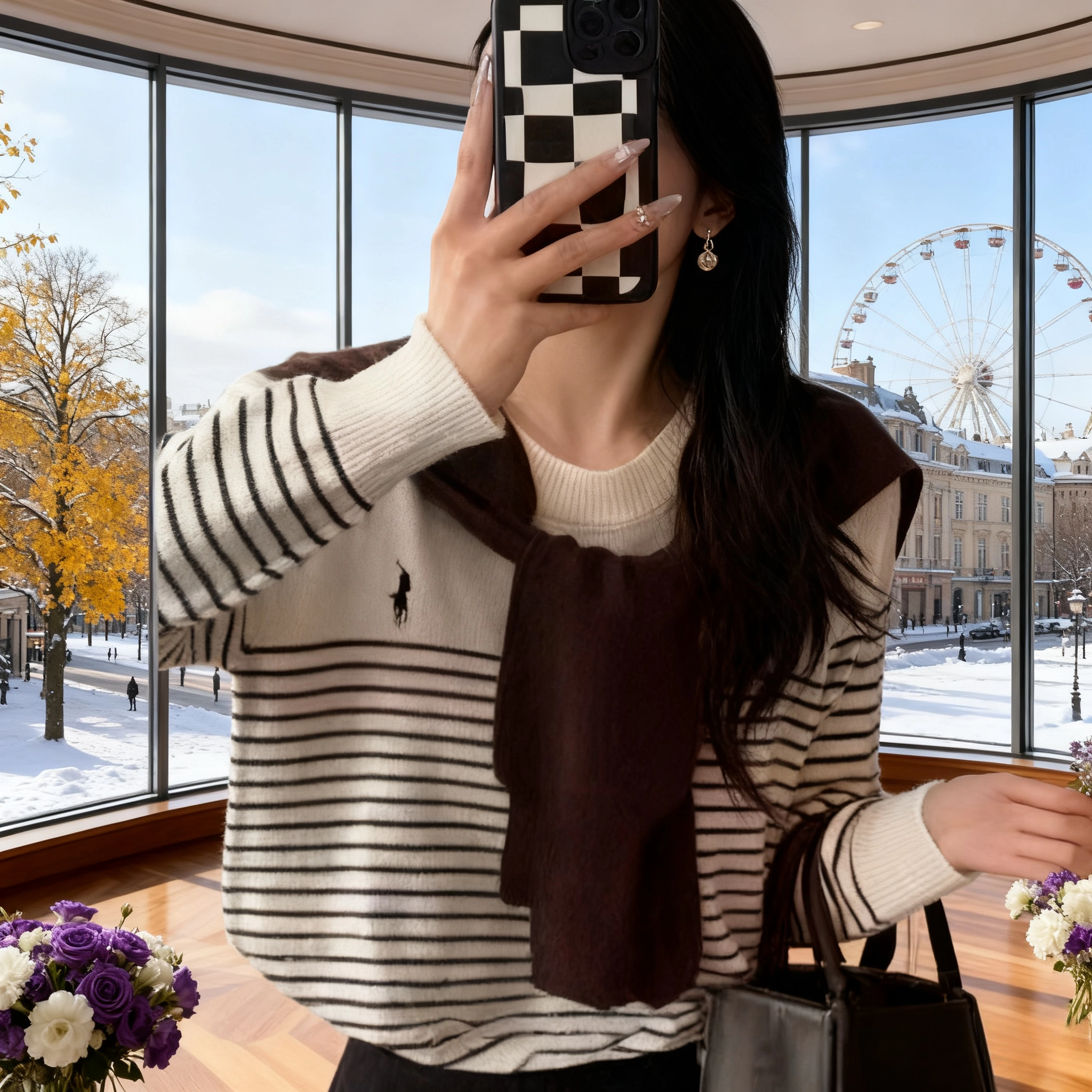 高级感刺绣小马标披肩毛衣针织衫女韩系撞色条纹上衣毛织长袖工厂