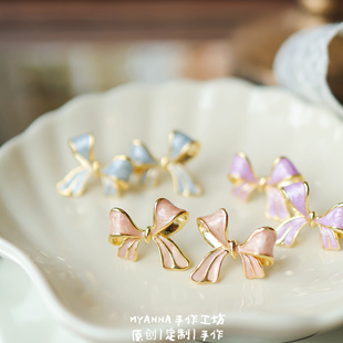 杏仁缎带|奶油色 春夏精致少女心蝴蝶结耳钉耳饰无耳洞耳夹