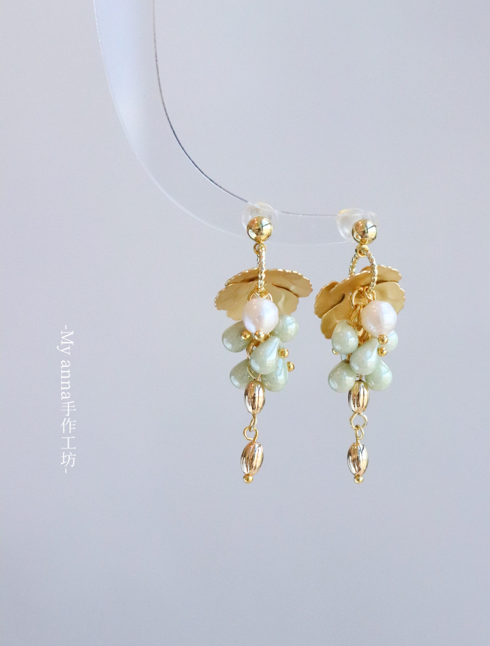 anna原创手作女绿水滴耳环耳夹