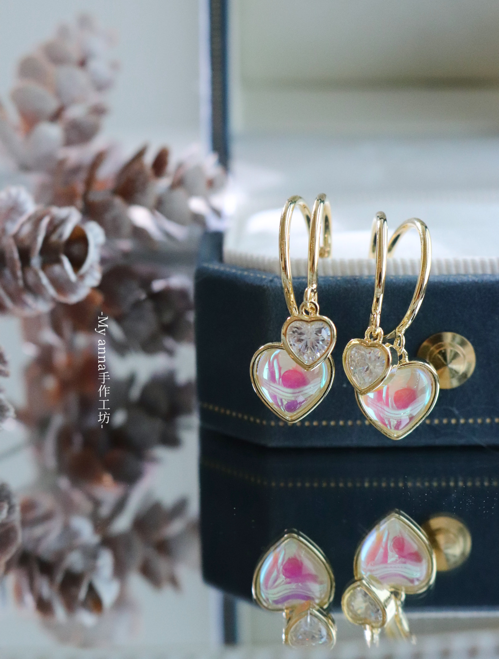 温润珠光 闪闪惹人爱~桃心锆石小众设计925银耳钉蚊香盘耳夹