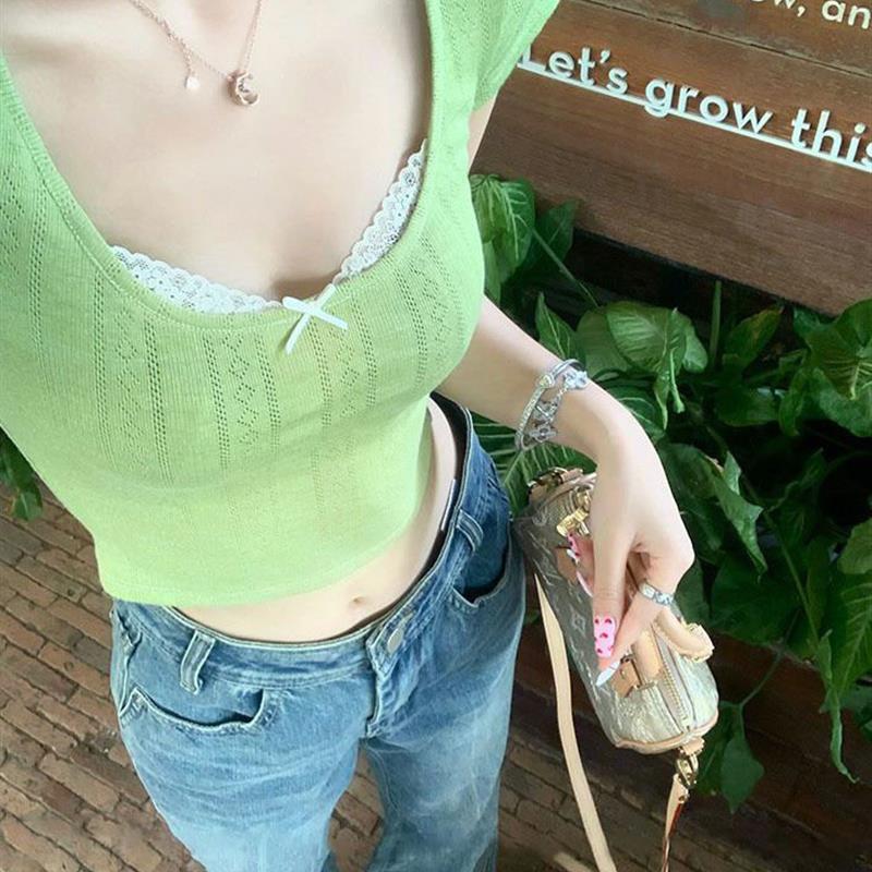 bm假两件纯欲风蕾丝打底衫内搭t恤女设计感短袖女款夏季绿色上衣