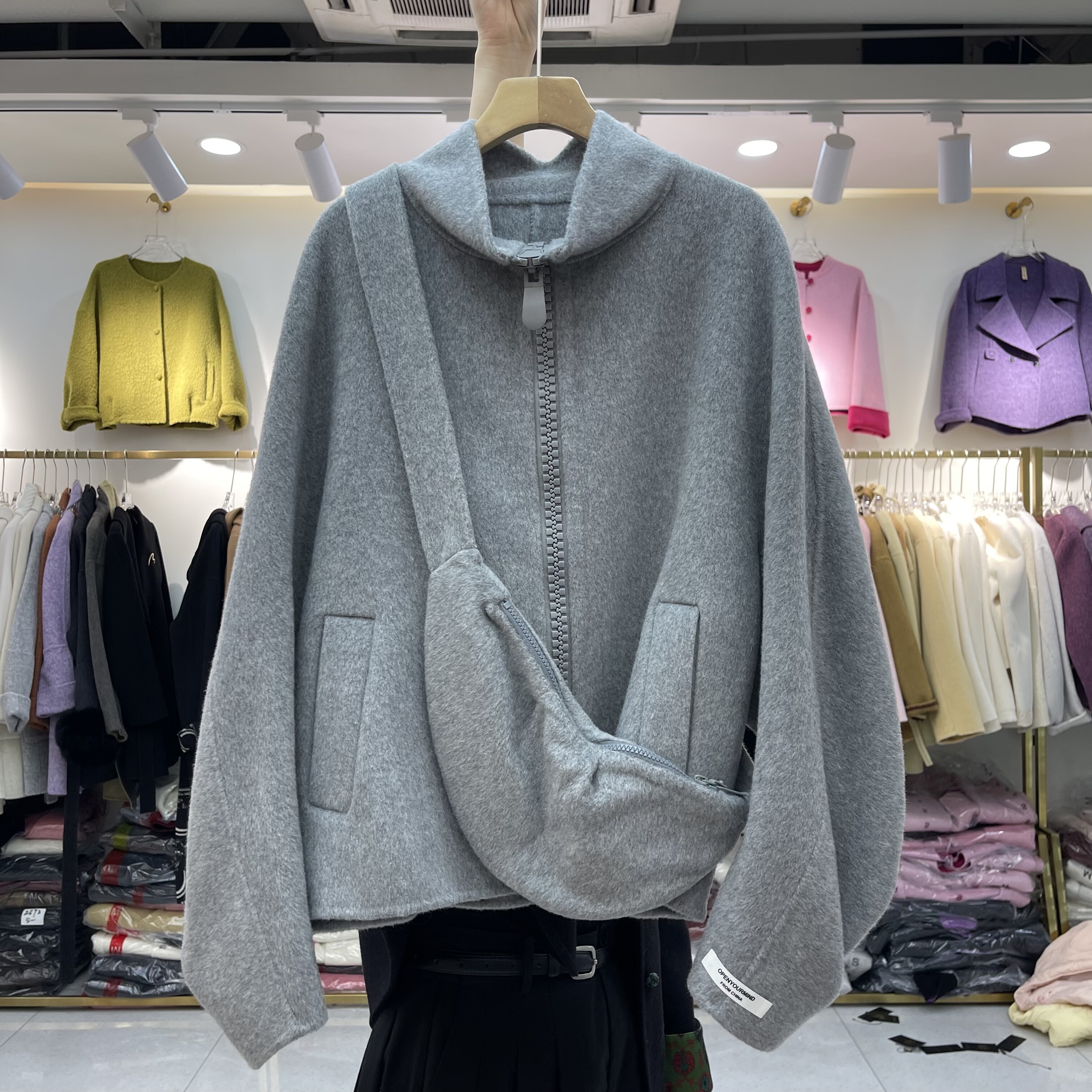 拉链配包包2025冬季新款韩系双面羊绒大衣女短款小个子羊毛呢外套