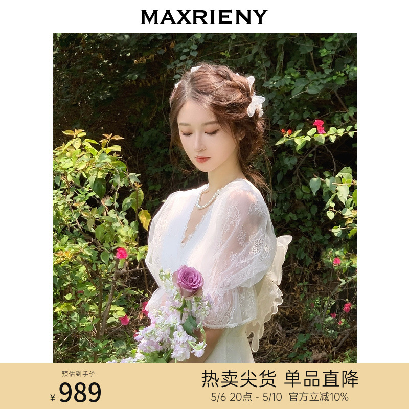 MAXRIENY宫廷浮雕茶歇裙夏泡泡袖白色仙女连衣裙欧式浪漫裙子