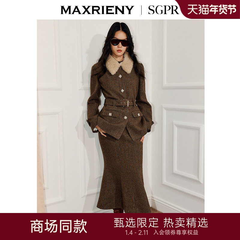 【SGPR】复古千金格纹羊毛混纺外套25冬款通勤穿搭,女装/女士精品,短外套,淘宝优惠券,粉丝福利购,淘宝优惠卷