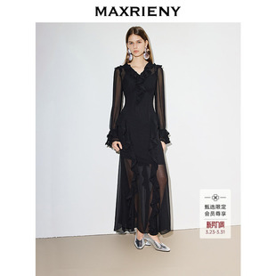新款 MAXRIENY透视裙摆V领裙子2026年春季 黑色连衣裙 商场同款