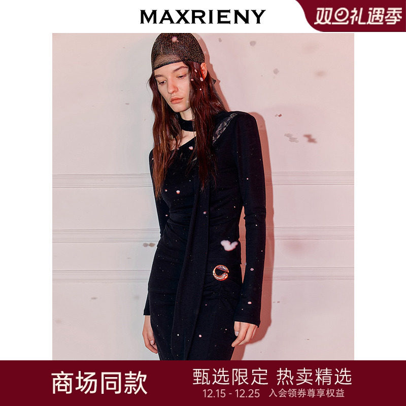 收身斜肩蕾丝拼接