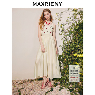 醋酸长裙 MAXRIENY复古优雅风背心吊带连衣裙25秋款 商场同款