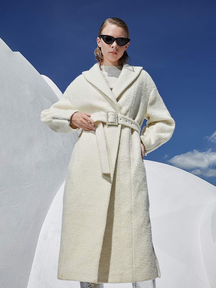 MAXRIENY 2020 winter new vintage beige sheep hair lace-up half open collar straight medium and long version of the coat female