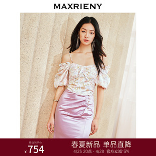 MAXRIENY复古浪漫感印花上衣一字肩吊带雪纺衫 显瘦2024夏款 女修身