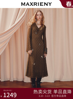 【程潇同款】MAXRIENY法式复古感v领长袖收腰连衣裙琥珀流光穿搭