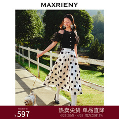 MAXRIENY甜美少女氛围感半身裙2023夏季褶皱高腰a字波点裙子