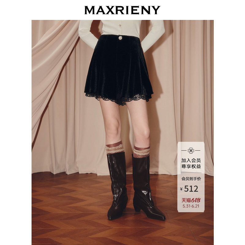 MAXRIENY法式复古收腰A型丝绒短裤25秋款蕾丝拼接伞摆高腰裙裤女