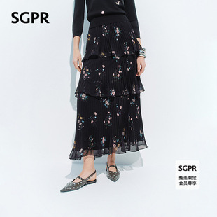 【SGPR】黑色印花半身裙2026年春季新款蛋糕裙压褶半裙高腰纱裙
