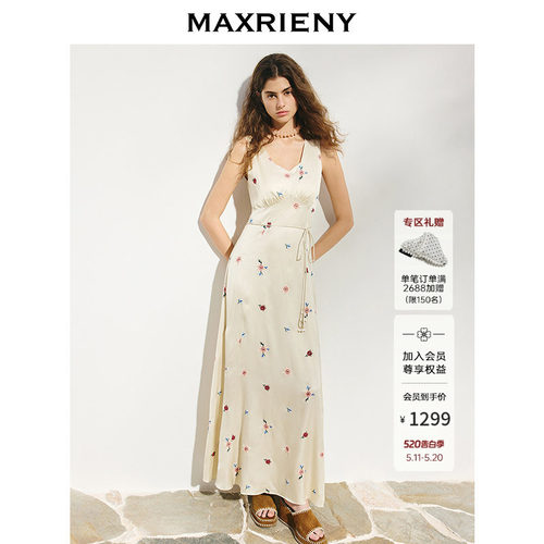 MAXRIENY复古感花卉刺绣连衣裙