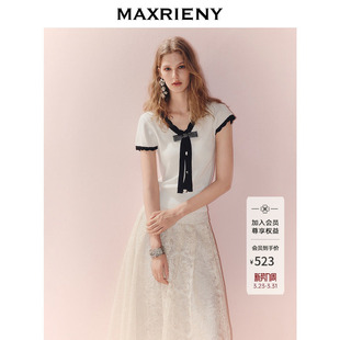 上衣25秋款 MAXRIENY赫本风v领蝴蝶结套头针织衫 女航海风撞色短袖
