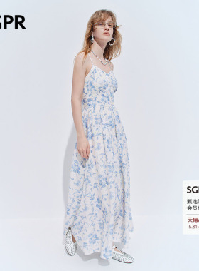 【SGPR】法式优雅感蓝色碎花吊带连衣裙26夏高腰收褶清新印花长裙