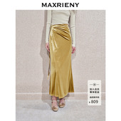 饰褶皱半裙女丝绒长裙新中式 MAXRIENY盘扣装 拜年服女 商场同款