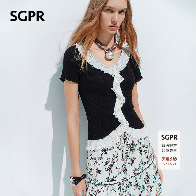 【SGPR】法式浪漫黑白撞色木耳边针织衫26年夏季V领套头薄款毛衫