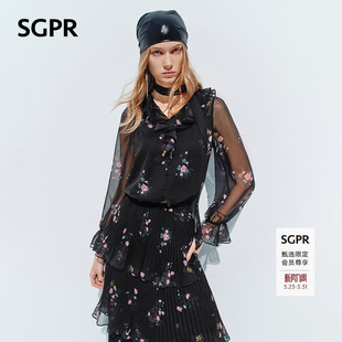 新款 2026年春季 黑色印花衬衫 系带衬衣轻薄透气飘带上衣 SGPR
