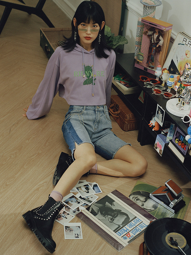 (RIENYRE series) MAXRIENY autumn new pullover short top hooded short sweater