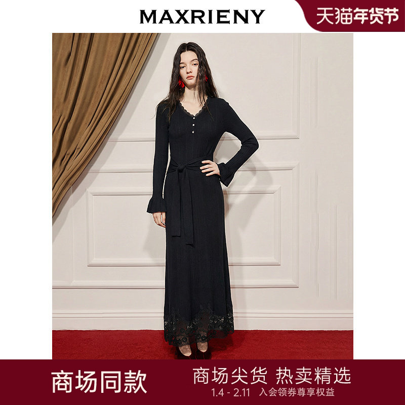 【商场同款】MAXRIENY系带收腰连衣裙冬日千金感穿搭约会小黑裙,女装/女士精品,连衣裙,淘宝优惠券,粉丝福利购,淘宝优惠卷