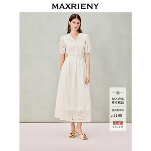 蕾丝短袖 2026年新款 收腰V领米白色裙子 连衣裙中长款 MAXRIENY春季