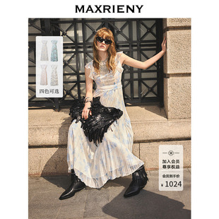 MAXRIENY蓝星花连衣裙夏季 优雅百褶小飞袖 中长款 裙子碎花长裙 新款