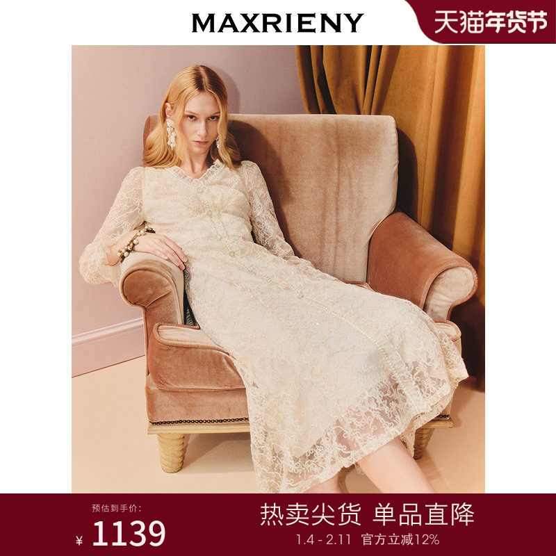MAXRIENY复古宫廷风蕾丝连衣裙25秋款端庄领证裙x型收腰鱼尾长裙