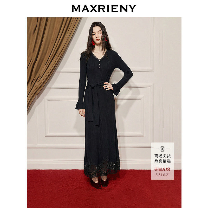 【商场同款】MAXRIENY系带收腰连衣裙冬日千金感穿搭约会小黑裙