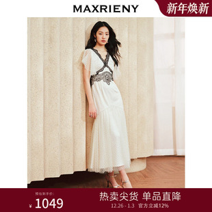 MAXRIENY复古宫廷浪漫风撞色蕾丝连衣裙波点裙子订婚领证小白裙