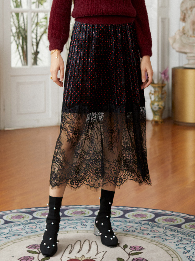 MAXRIENY autumn new high-waist temperament lace skirt pleated skirt romantic and elegant court style half skirt