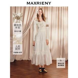MAXRIENY千金miu系荷叶边蛋糕连衣裙针织拼接长裙 陈都灵同款