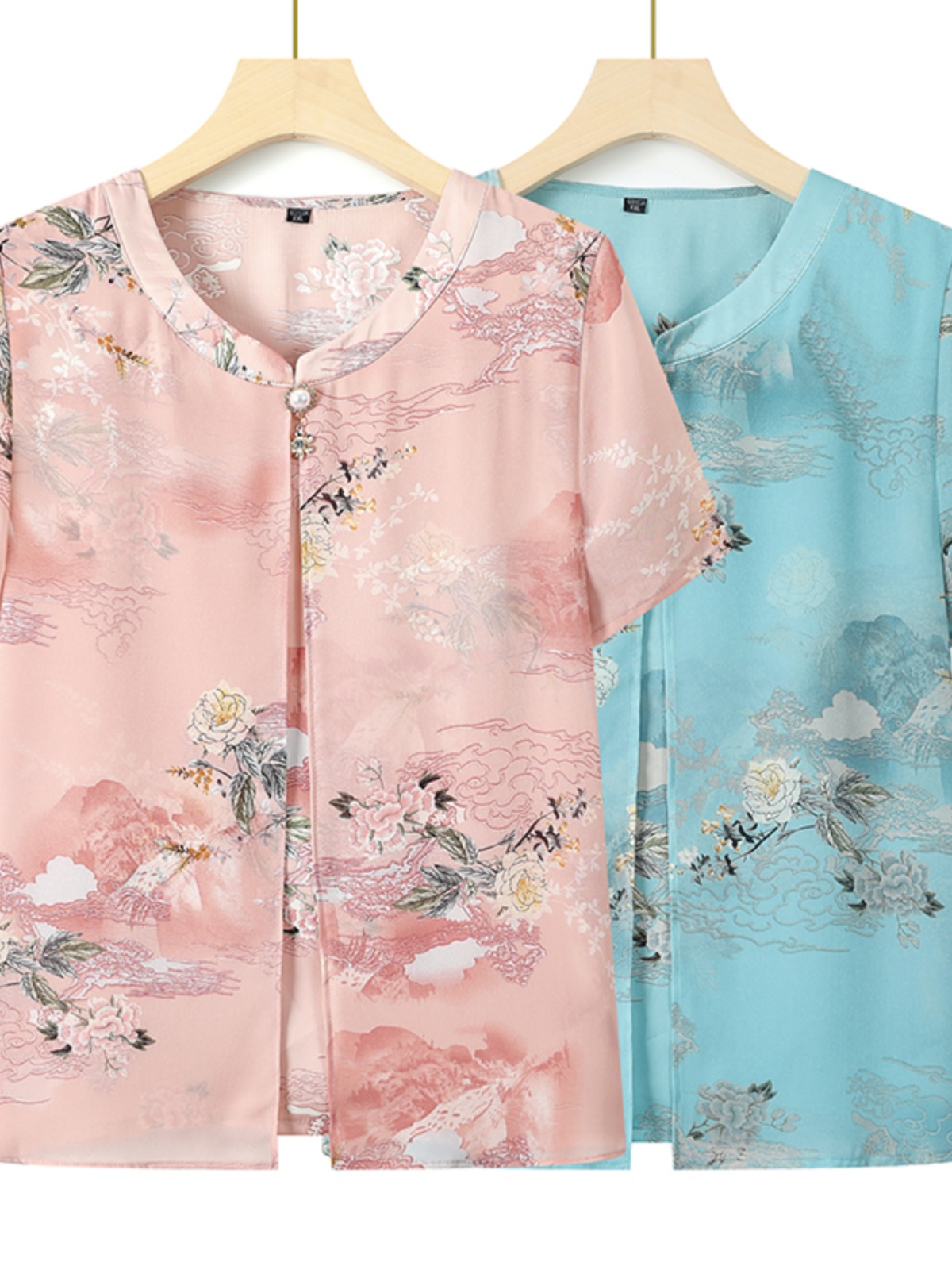 中老年人夏装女妈妈假两件圆领雪纺T恤衫60-70岁奶奶夏季套装太太