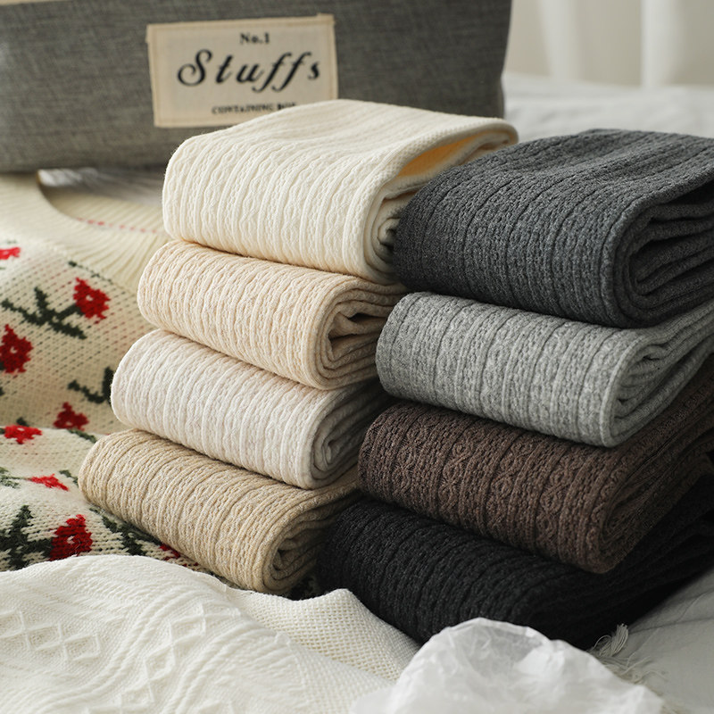 螺纹打底裤女外穿针织中厚薄绒米白浅色复古麻花条纹春秋季连裤袜